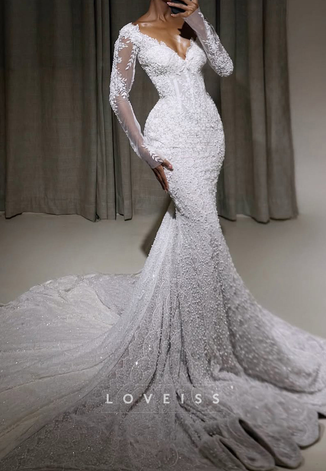 Beaded Mermaid Wedding Dress with Sheer Sleeves