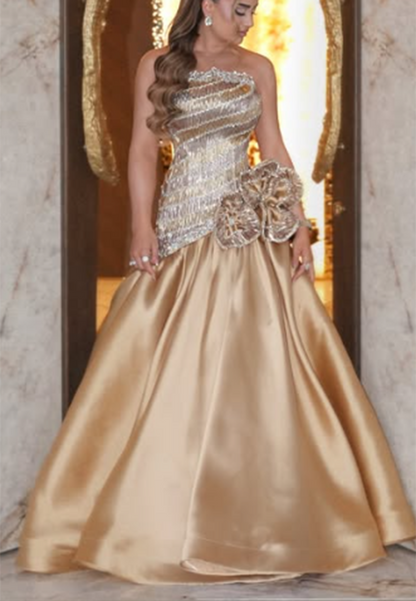 Strapless Beaded Bodice Ball Gown with Floral Accent
