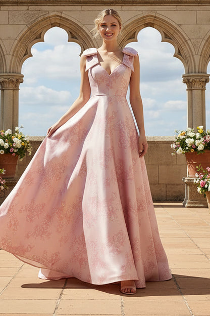 Floral Jacquard Bow-Strap A-Line Gown with Pockets