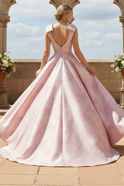 Floral Jacquard Bow-Strap A-Line Gown with Pockets