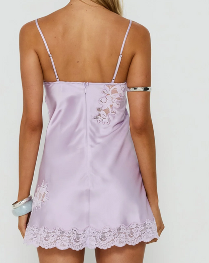 Satin Slip Mini Dress with Lace Applique Trim