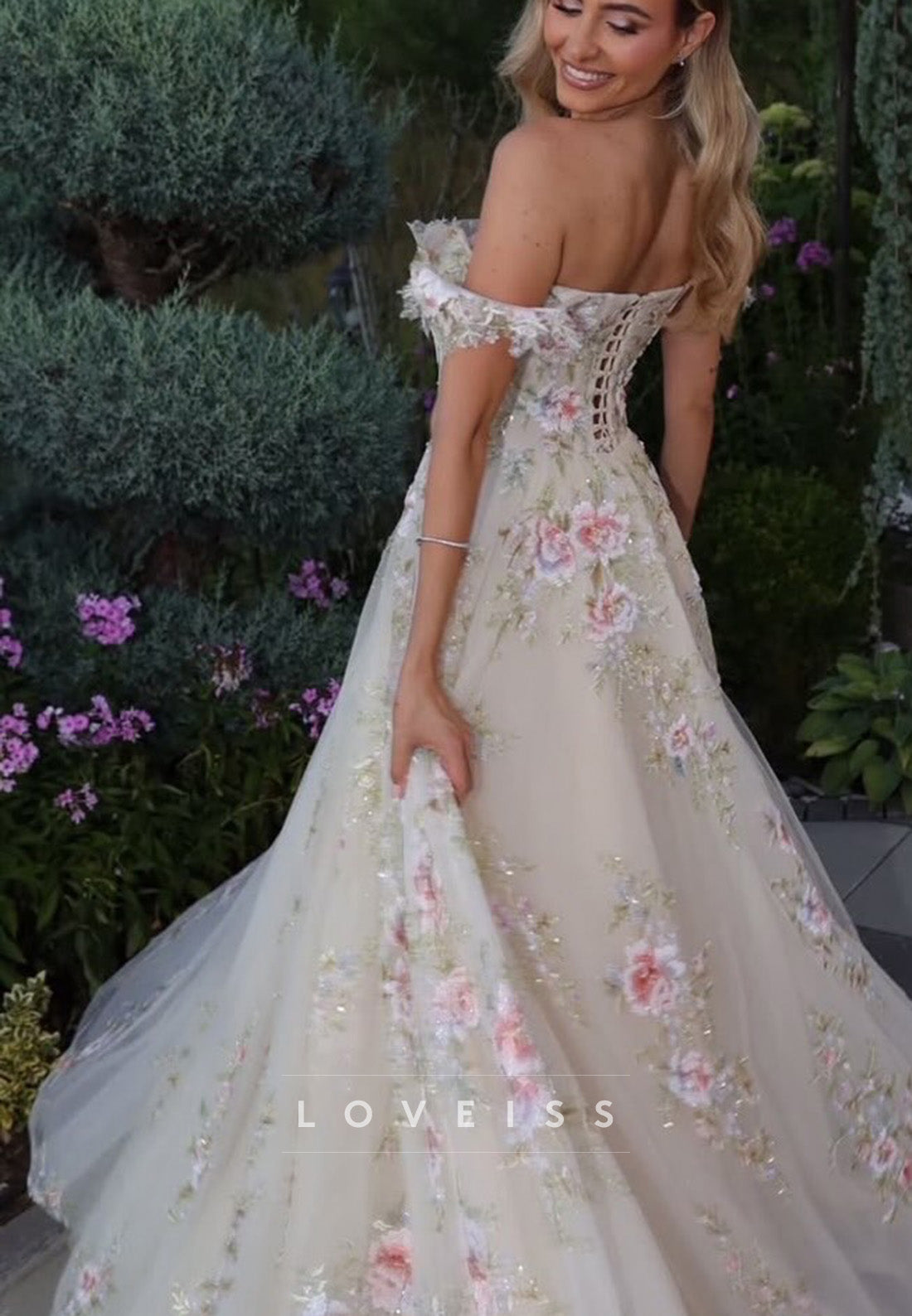 Floral Embroidered Off-Shoulder Ball Gown
