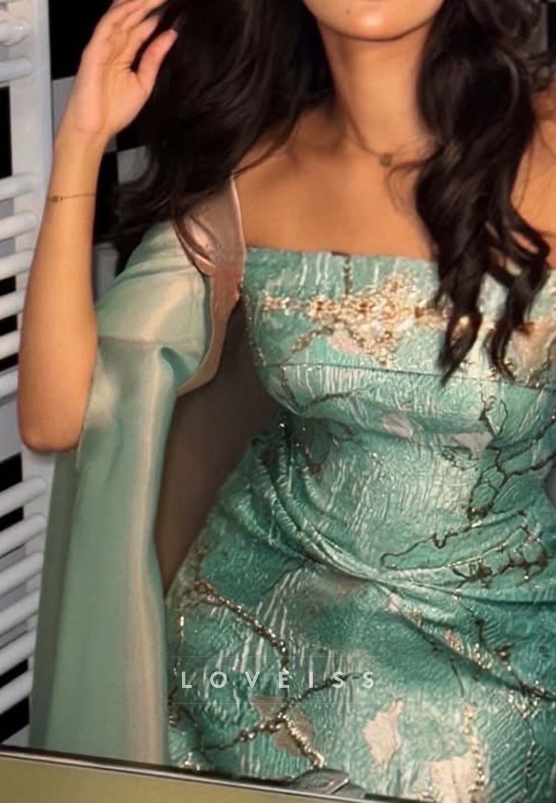 Strapless Jacquard Evening Gown with Cape