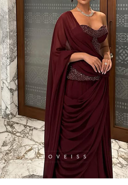 One-Shoulder Gown with Beaded Bodice and Draped Sash