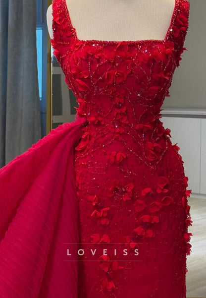 Square Neck 3D Floral Gown with Dramatic Side Drape