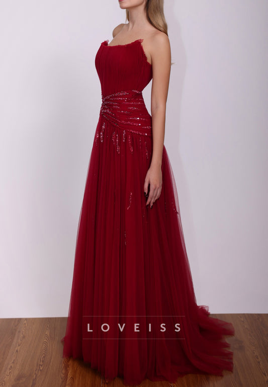 Strapless Pleated A-Line Tulle Evening Gown