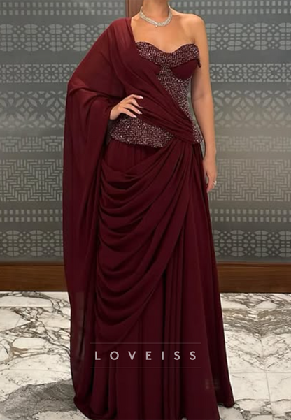 One-Shoulder Beaded Bodice Draped Evening Gown