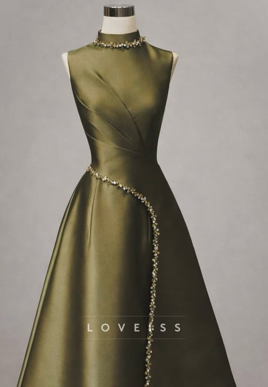 Sleeveless Satin High Neck A-Line Evening Gown