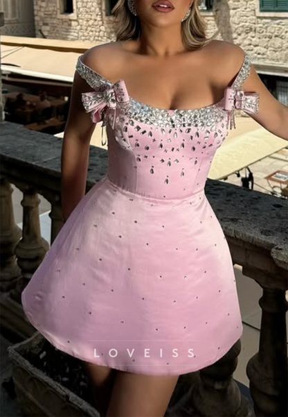 Off-the-Shoulder Crystal Embellished Mini Dress