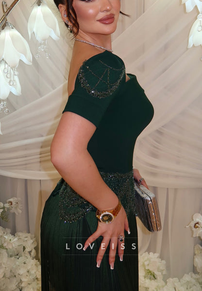 Beaded Fringe Cap Sleeve Evening Gown
