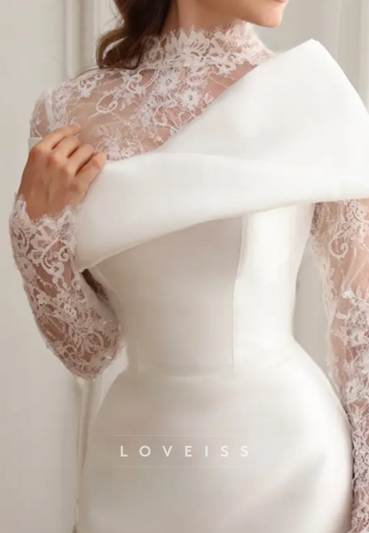 Asymmetric High Neck Lace Mermaid Wedding Dress