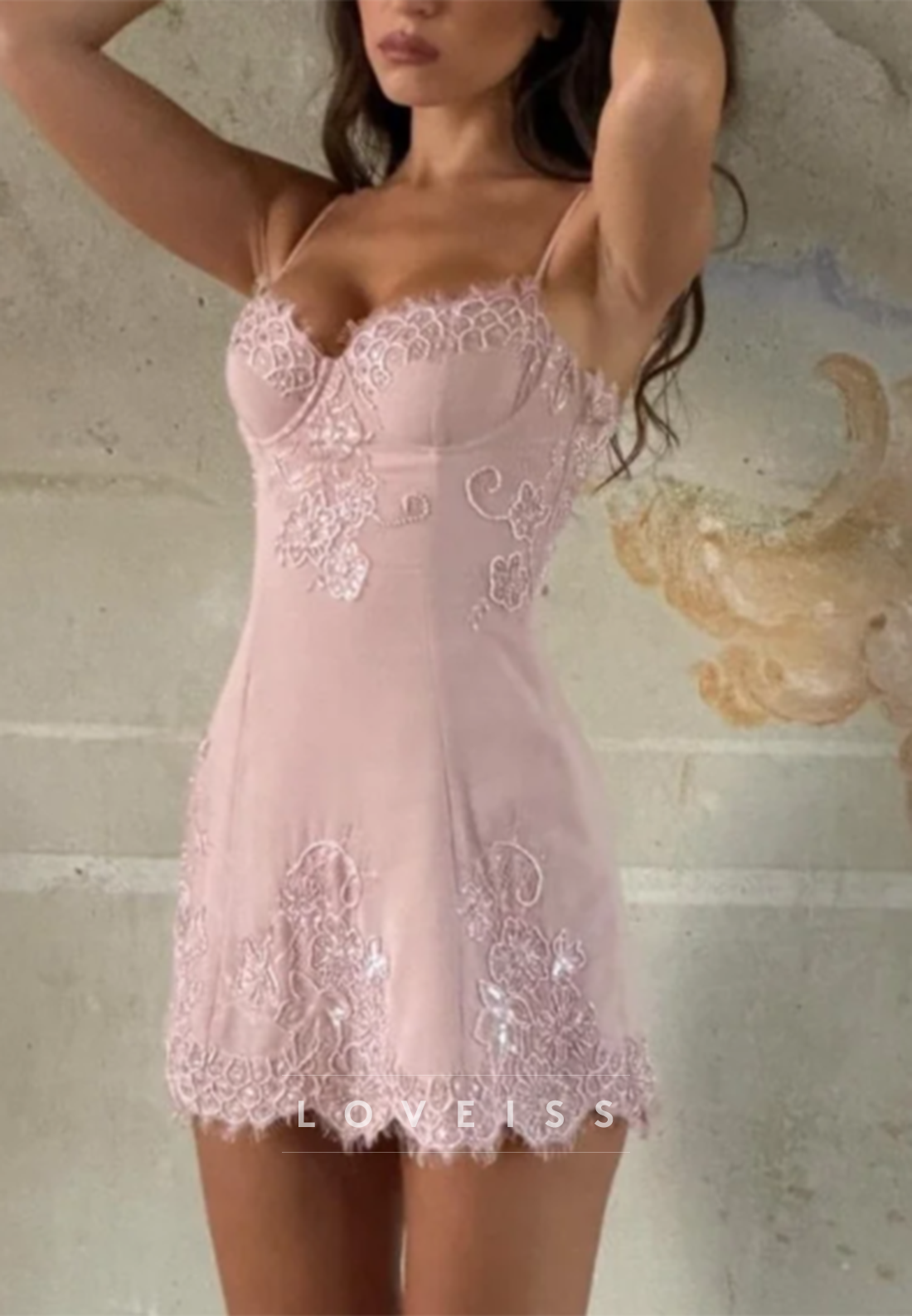 Lace Applique Mini Dress with Sweetheart Neckline