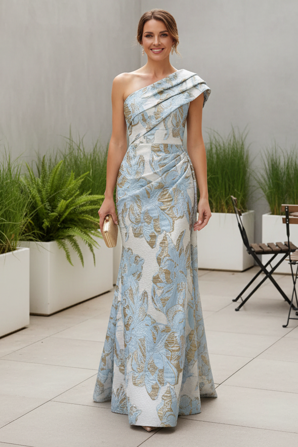 One-Shoulder Floral Jacquard Pleated Evening Gown
