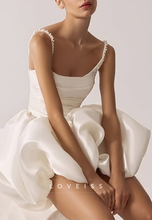 Pearl-Embellished Satin Wedding Gown with Ruffled Skirt