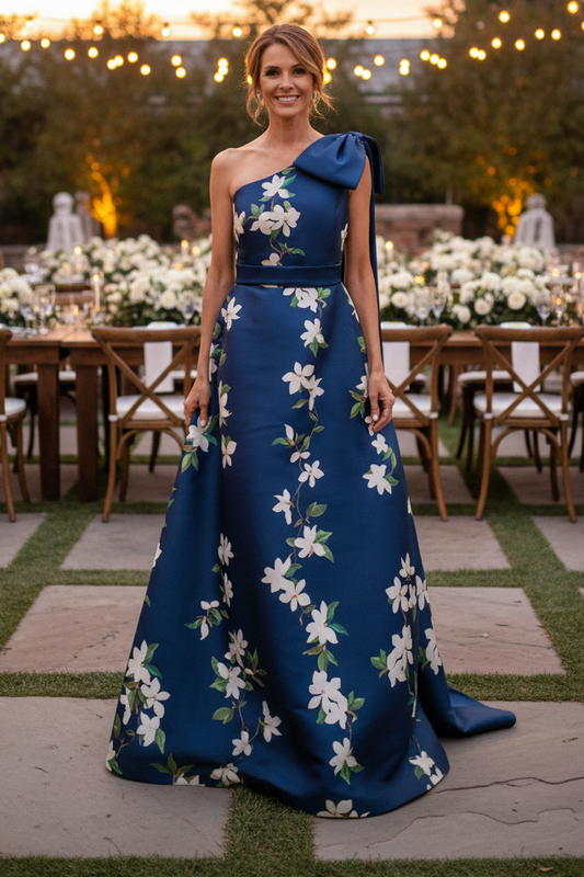 One-Shoulder Floral Print A-Line Gown with Bow
