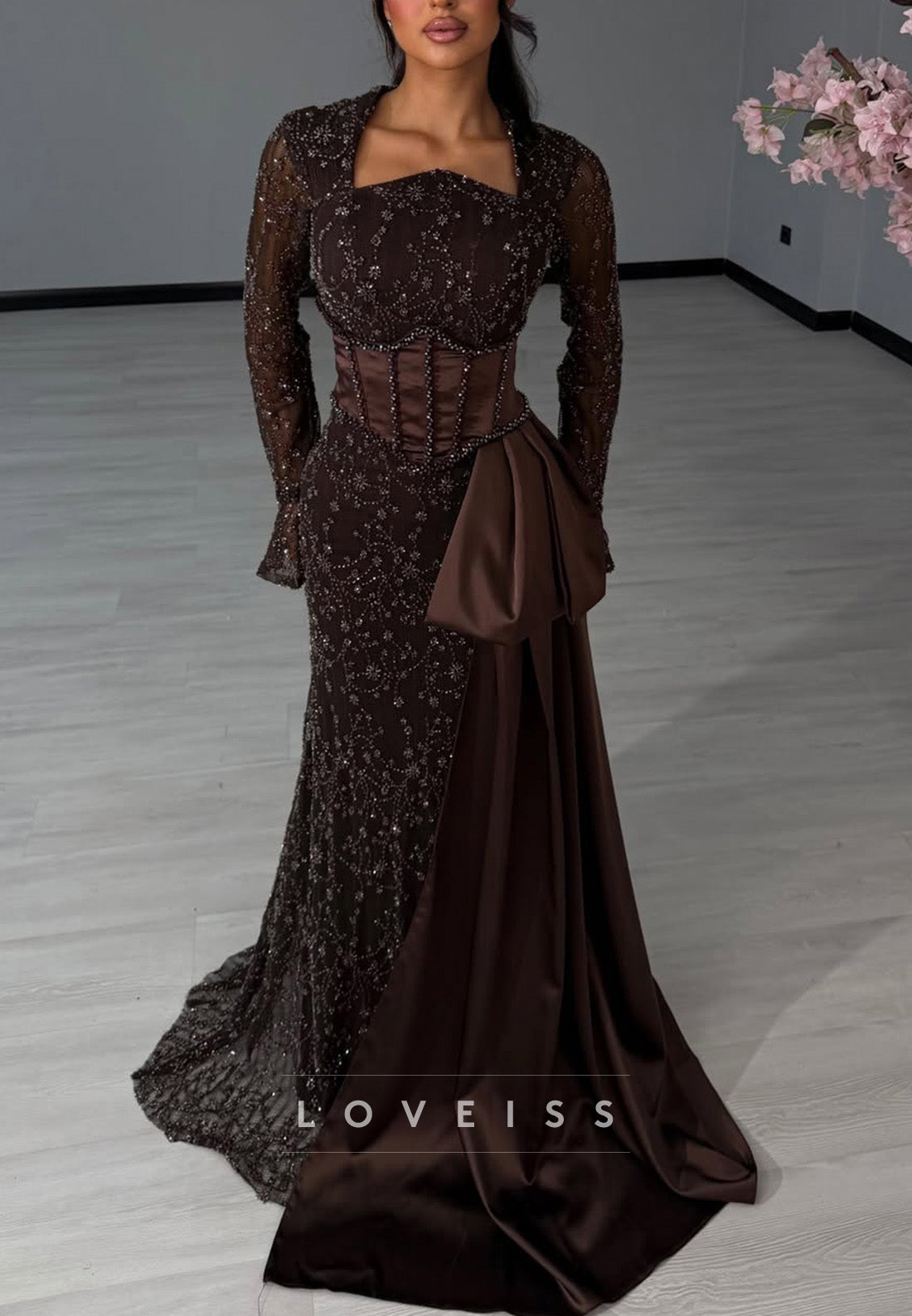 Corset Embellished Gown with Side Drape
