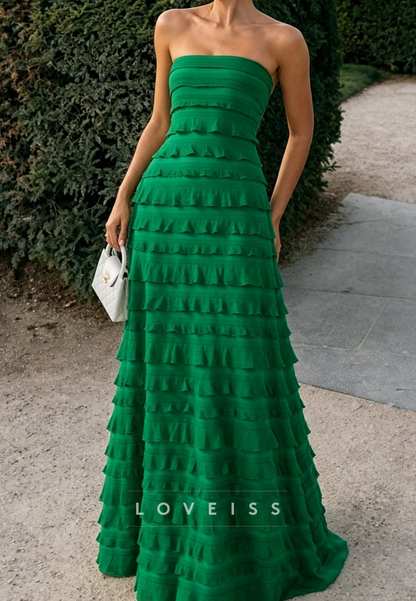Strapless Tiered Ruffled Maxi Evening Gown