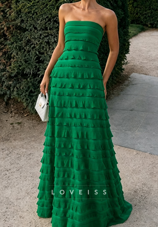 Strapless Tiered Ruffled Maxi Evening Gown