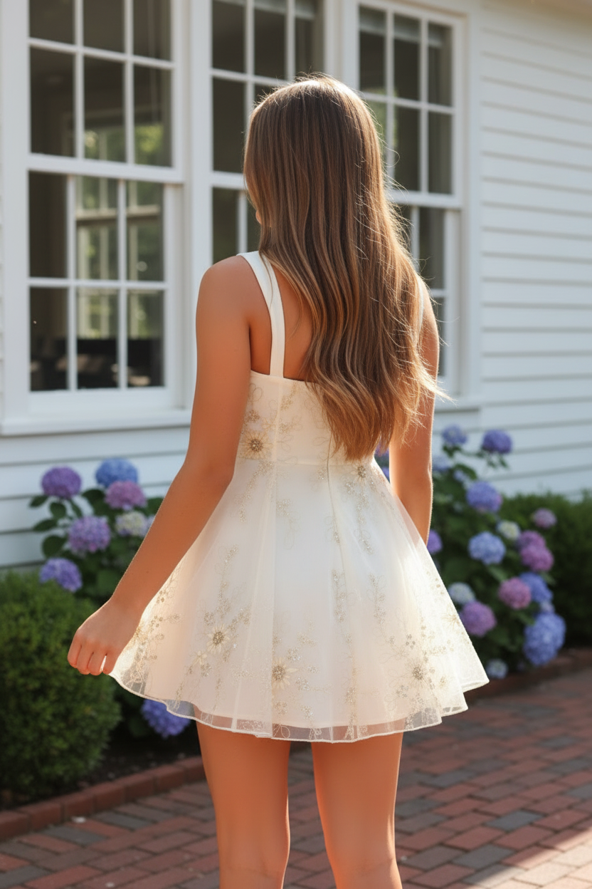 Floral Sequin Mesh Mini Dress with Tie Back
