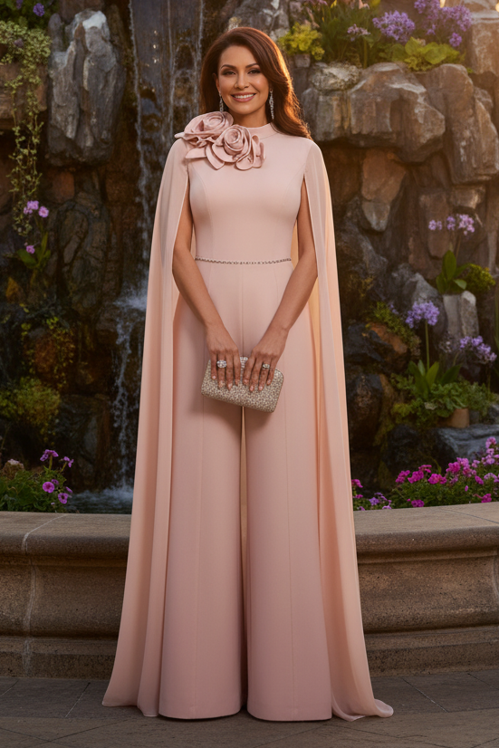 High Neck Jumpsuit with Chiffon Cape and 3D Flowers