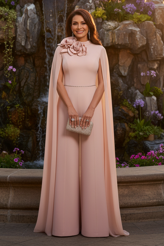High Neck Jumpsuit with Chiffon Cape and 3D Flowers