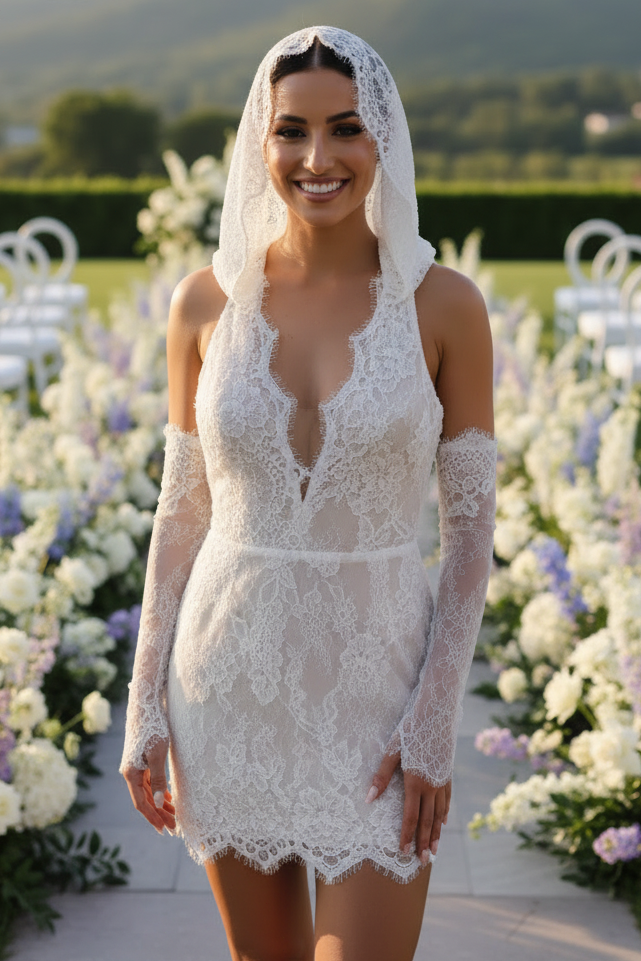 Lace Halter Mini Dress with Hood and Sleeves