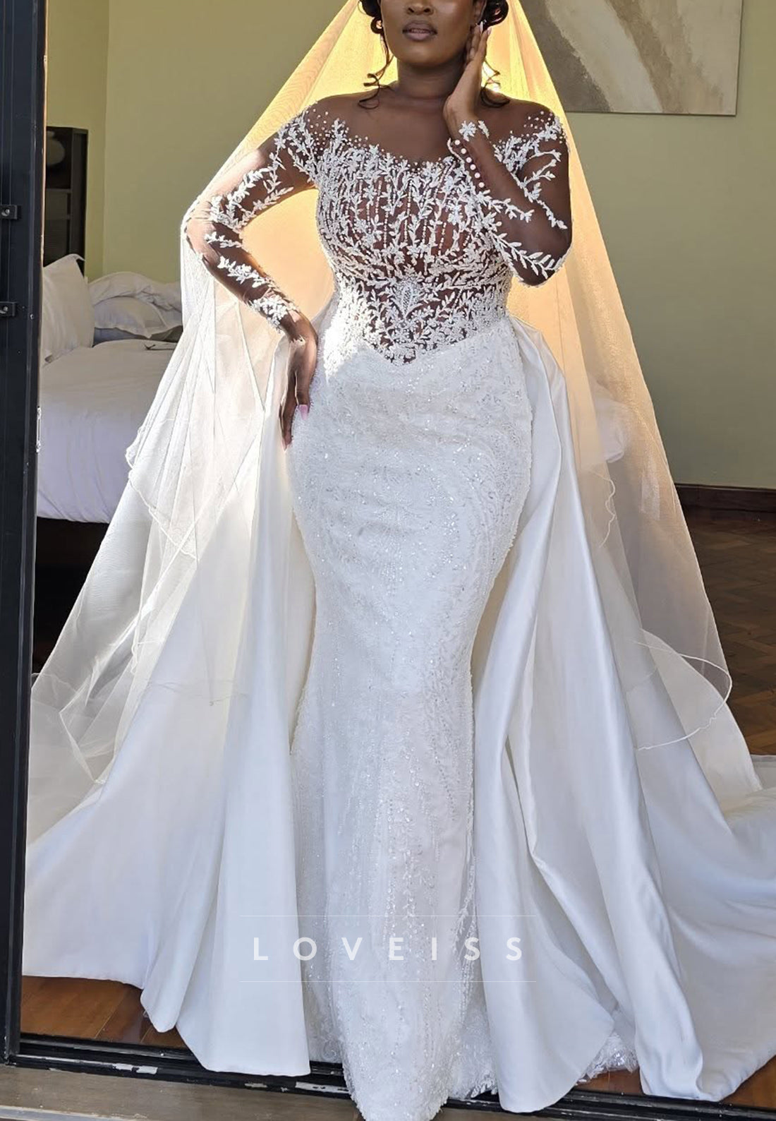 Beaded Illusion Mermaid Wedding Dress with Train