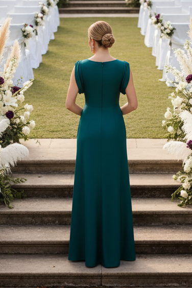 Asymmetrical Satin Gown with 3D Floral Accents