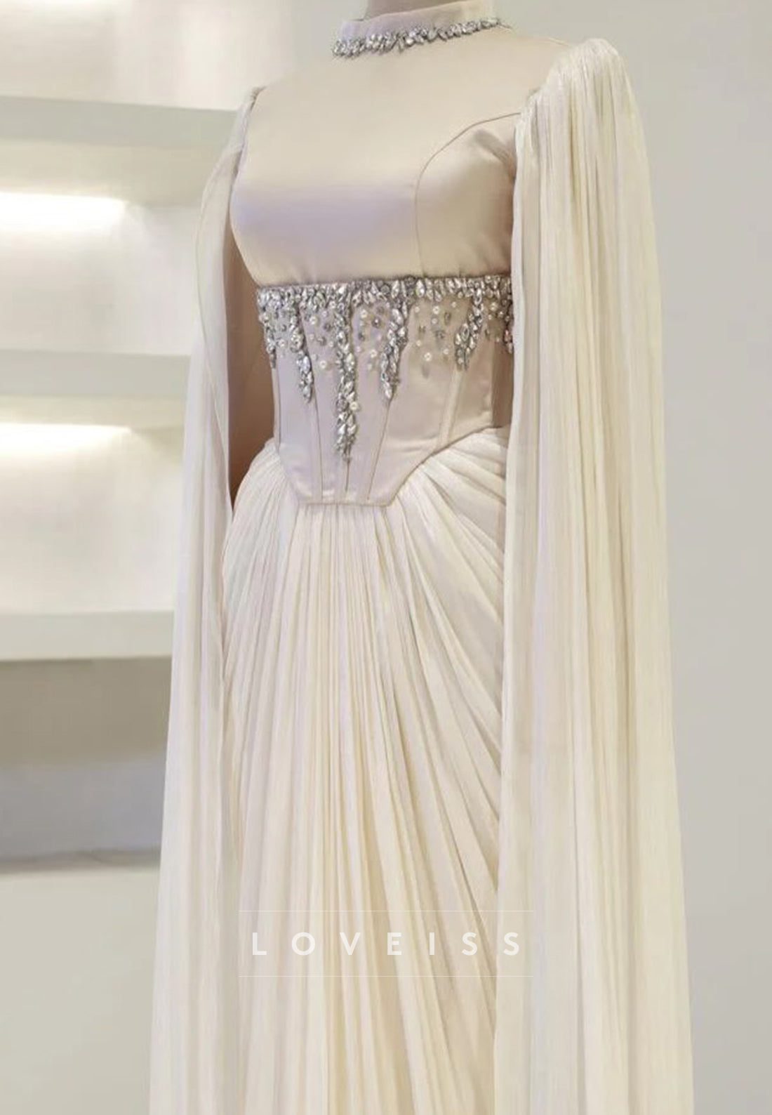 Beaded Corset Cape Sleeve Evening Gown