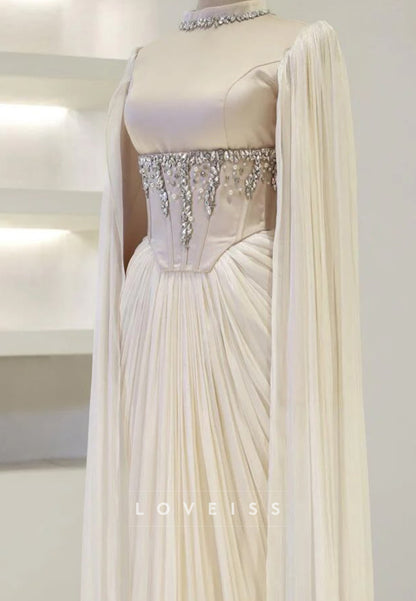 Beaded Corset Cape Sleeve Evening Gown