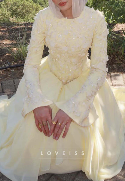 Floral Applique Basqued Ball Gown with Sleeves