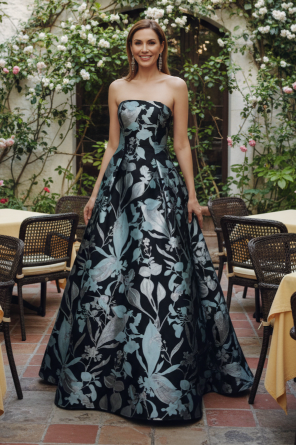 Strapless Floral Jacquard A-Line Evening Gown