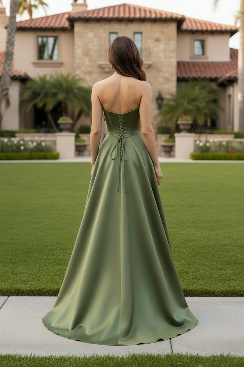 Strapless Satin A-Line Gown with Pockets