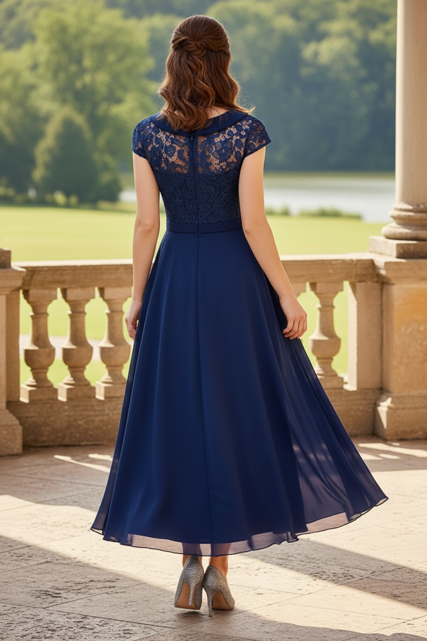 Lace Peplum Midi Dress with Foldover Collar