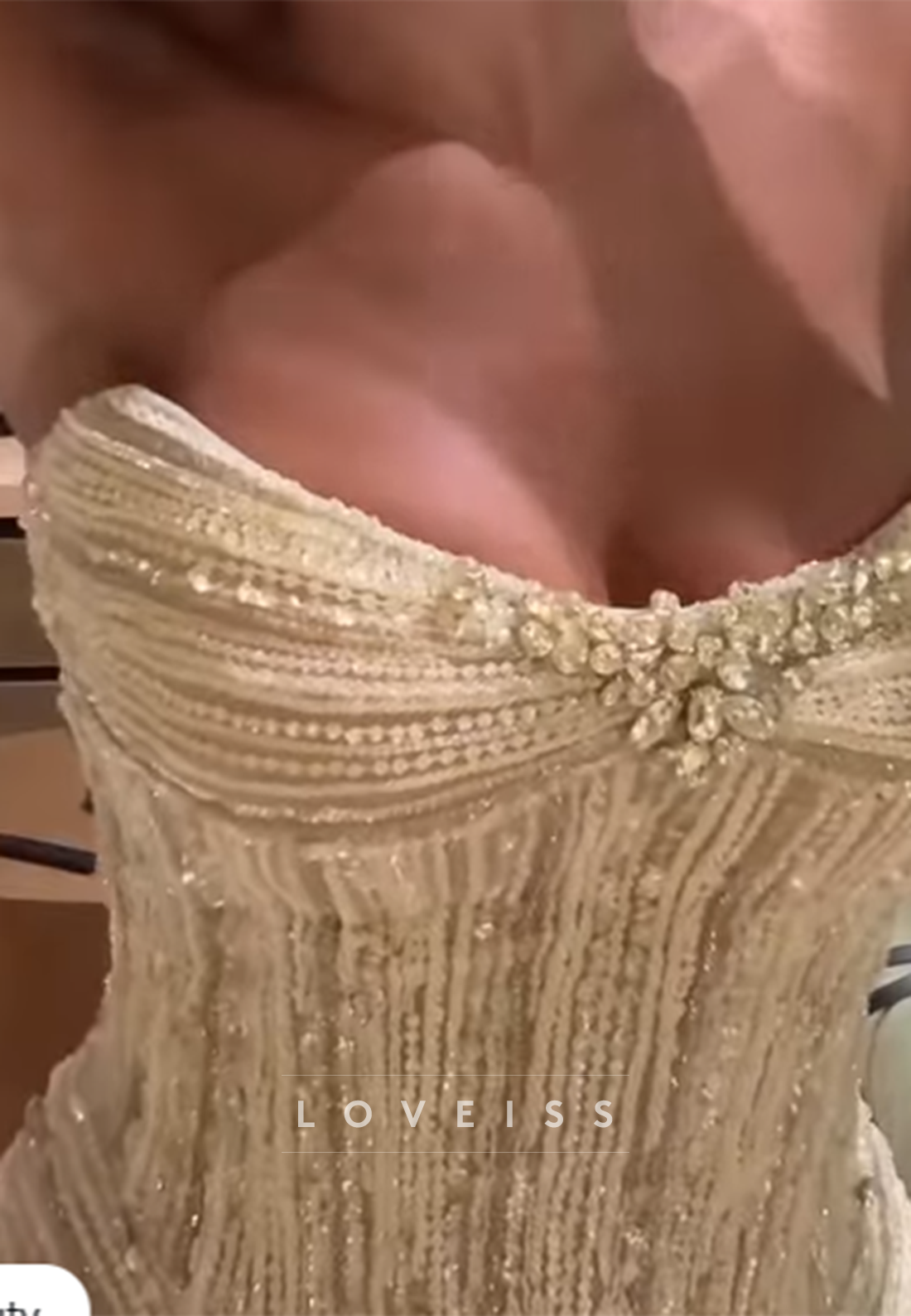 Strapless Beaded Fringe Floor-Length Evening Gown