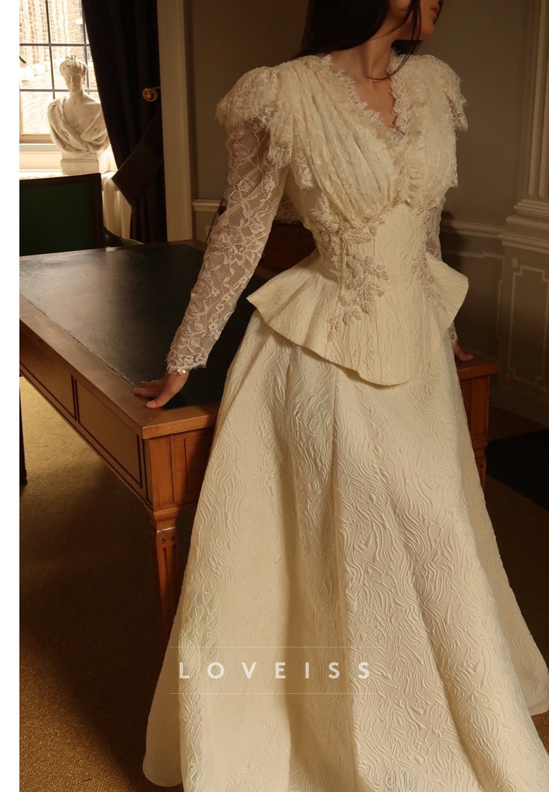 Jacquard Gown with Lace Bodice and Peplum