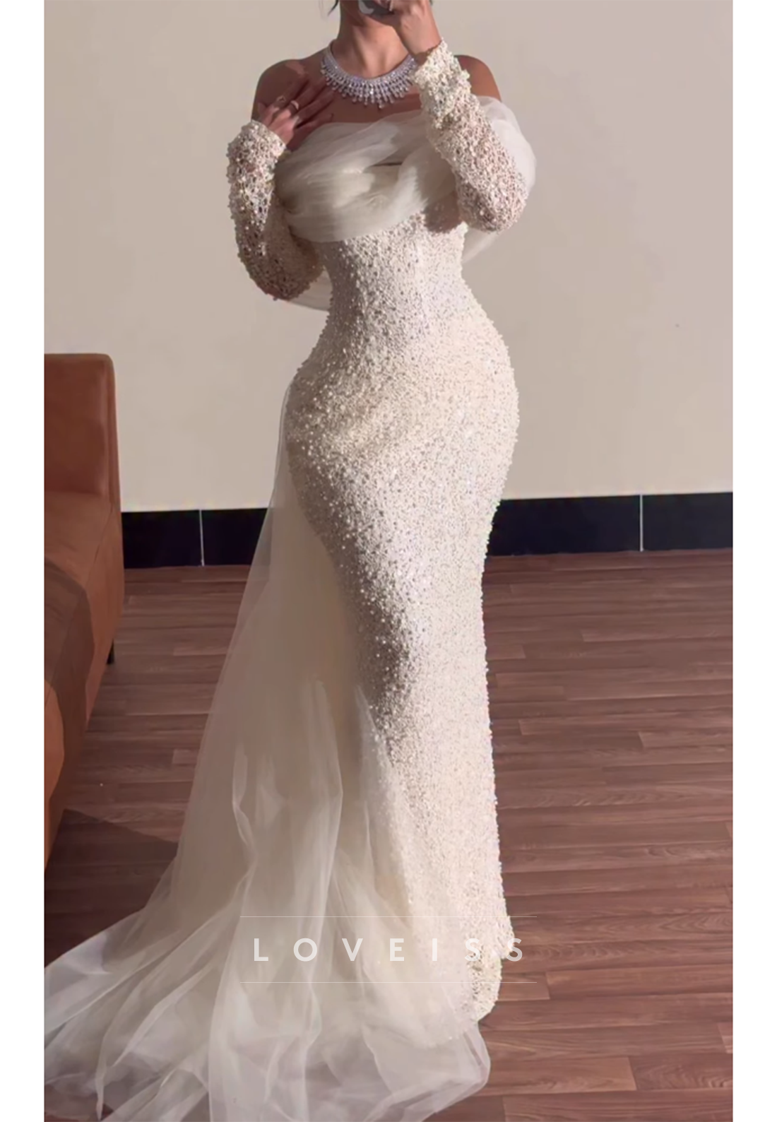 Off Shoulder Pearl Beaded Long Sleeve Mermaid Gown