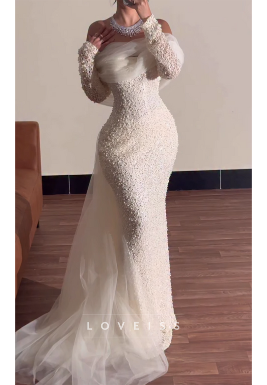 Off Shoulder Pearl Beaded Long Sleeve Mermaid Gown