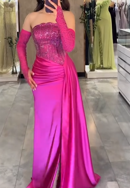 Beaded Corset Satin Evening Gown