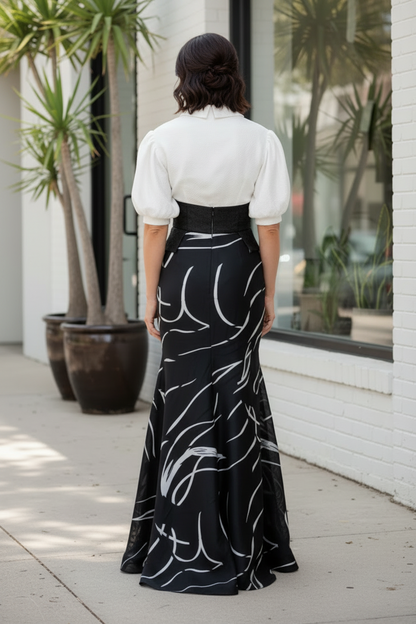 Deep V-Neck Mermaid Evening Gown with Puff Sleeves