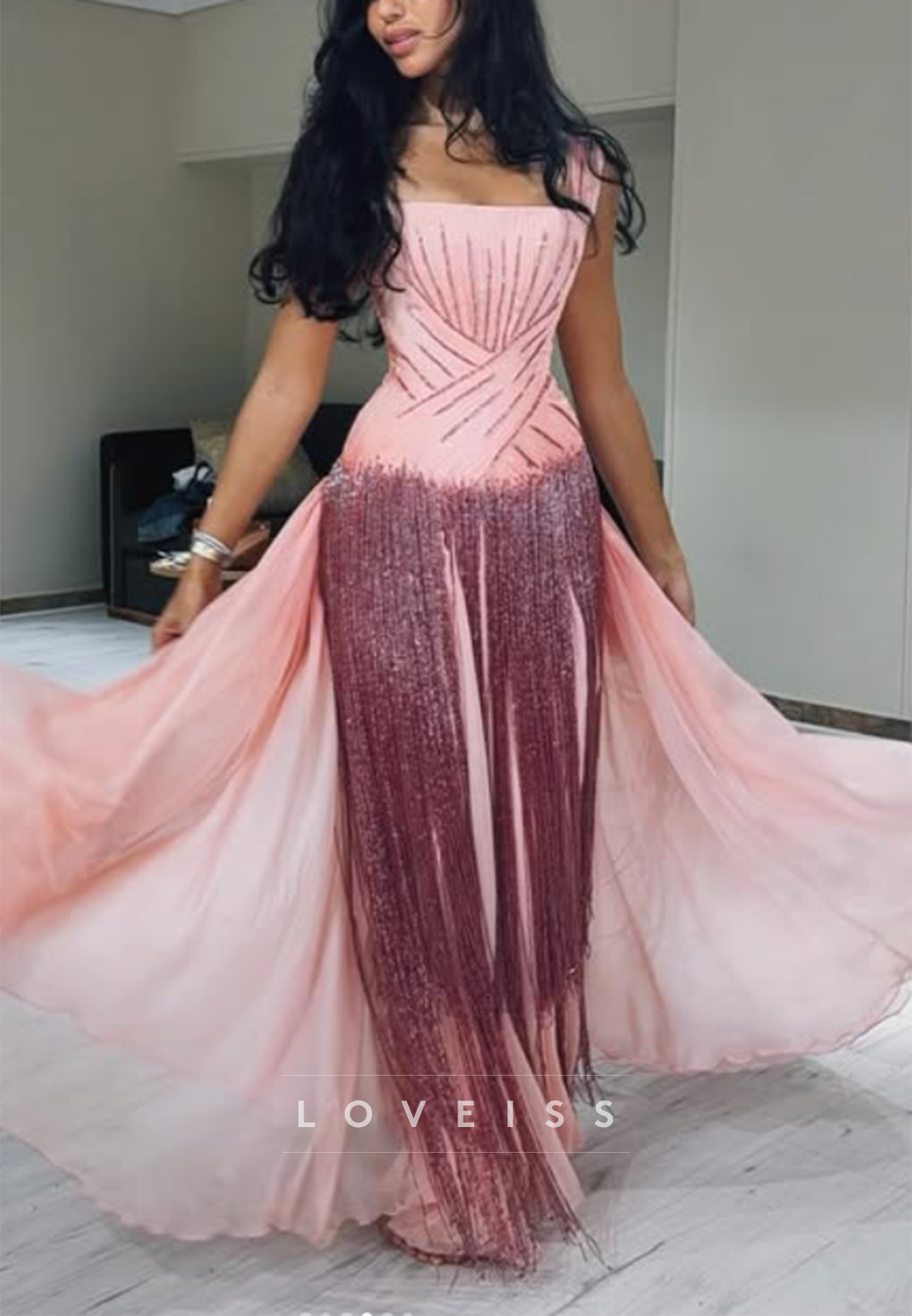 Pleated Bodice Gown with Beaded Fringe Skirt