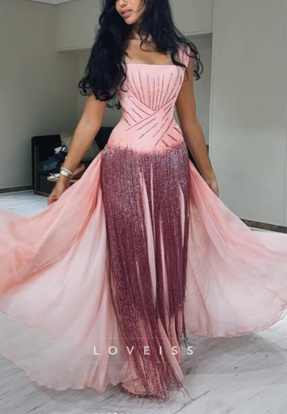 Pleated Bodice Gown with Beaded Fringe Skirt