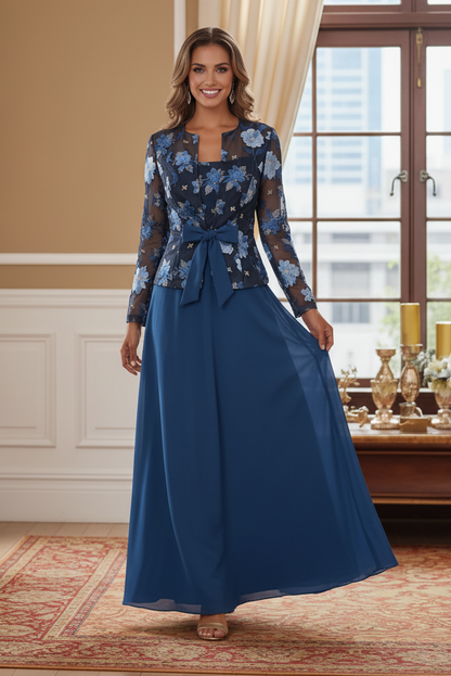 Embroidered Floral Jacket Dress with Front Bow