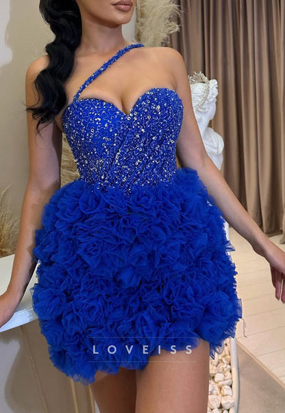 One-Shoulder Beaded Mini Dress with Ruffled Tulle Skirt