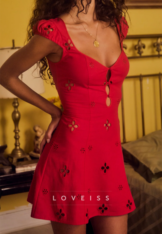 Eyelet Cut-Out Cap Sleeve A-Line Mini Dress