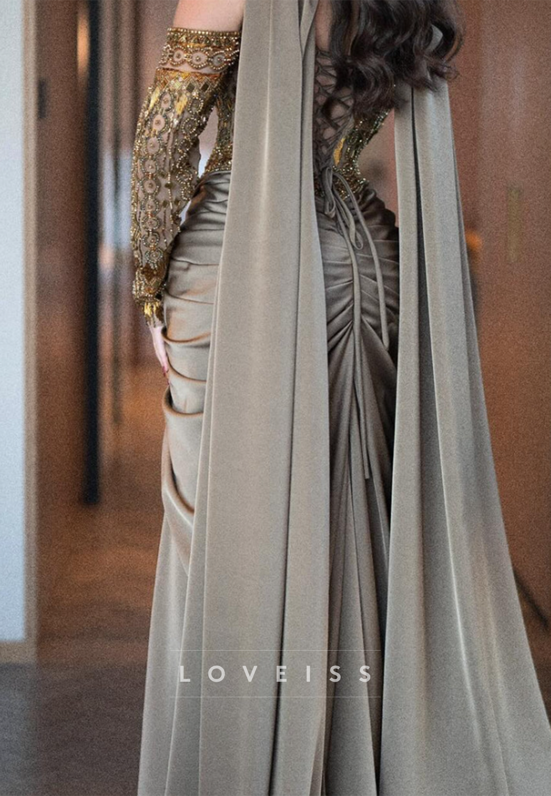 Elegant Corset Evening Gown with Draped Cape
