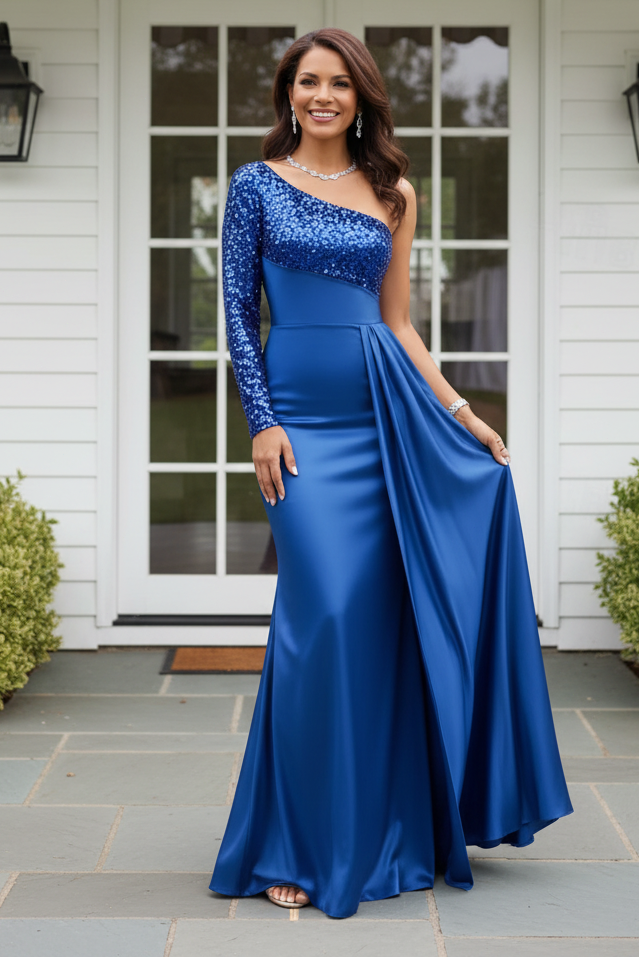 One-Shoulder Sequin Satin Mermaid Gown