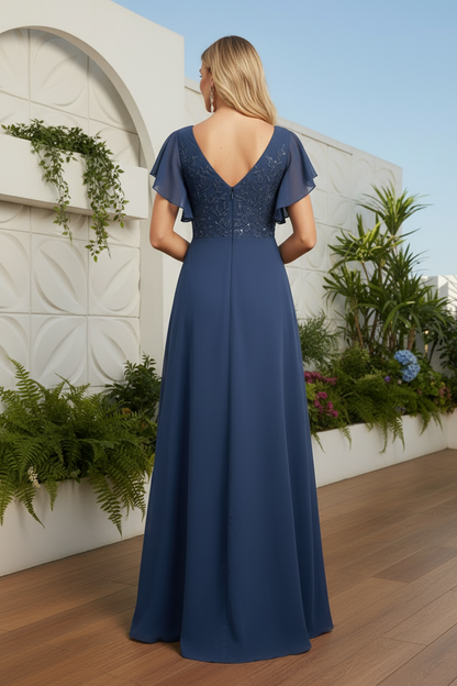 Embroidered V-Neck Flutter Sleeve Evening Gown