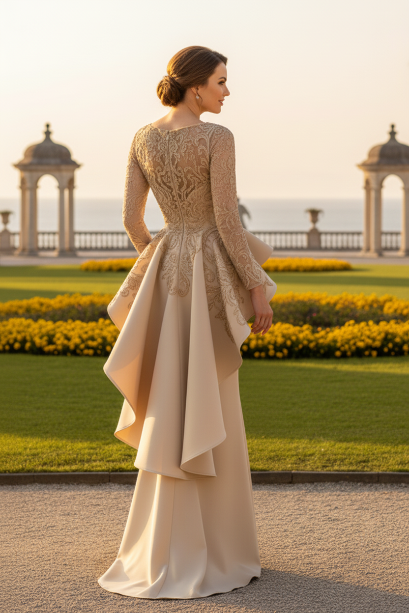 Lace Long Sleeve Column Gown with Cascading Peplum