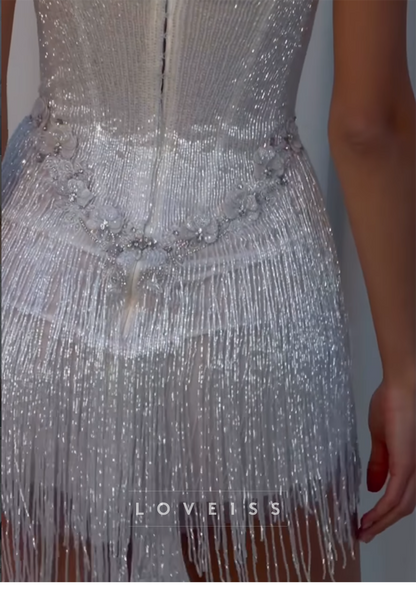 Strapless Beaded Corset Mini Dress with Fringe